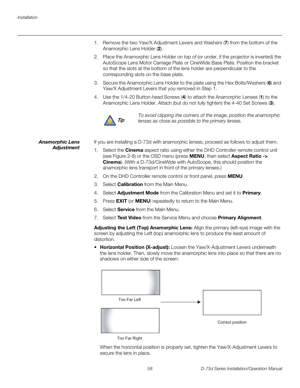 Anamorphic lens adjustment, Adjusting the left (top) anamorphic lens, Pre l iminar y | Runco 3DIMENSION D-73D User Manual | Page 74 / 142