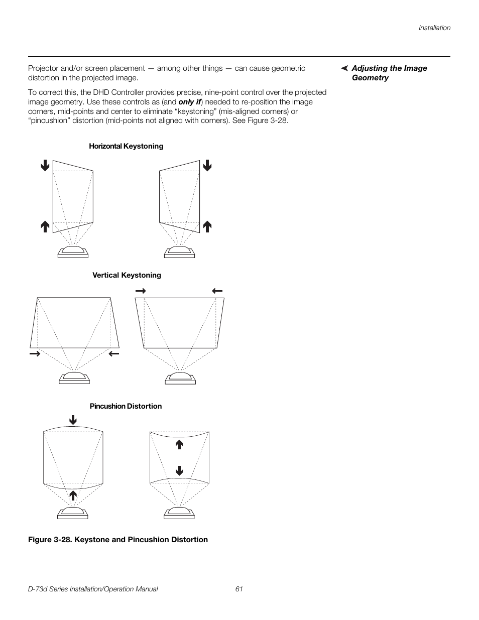 Adjusting the image geometry, Figure 3-28 . keystone and pincushion distortion, 28. keystone and pincushion distortion | Pre l iminar y | Runco 3DIMENSION D-73D User Manual | Page 77 / 142