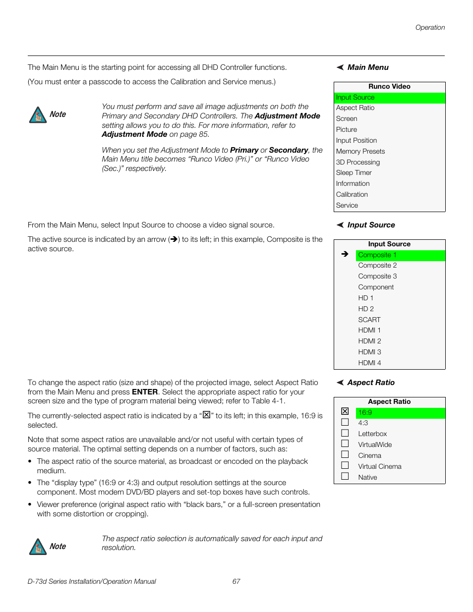 Main menu, Input source, Aspect ratio | Pre l iminar y | Runco 3DIMENSION D-73D User Manual | Page 83 / 142