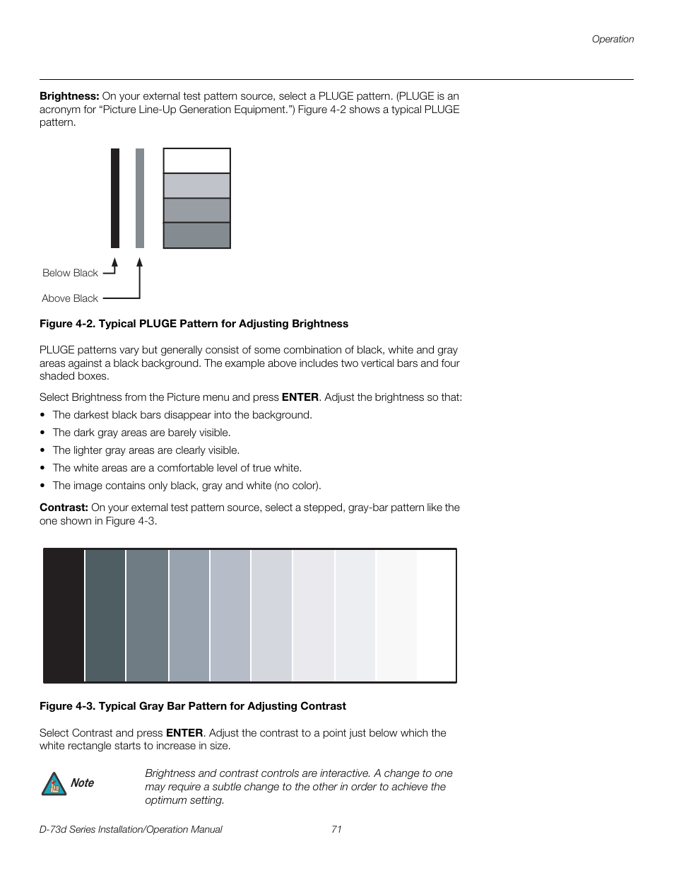 Brightness, Contrast, 2. typical pluge pattern for adjusting brightness | 3. typical gray bar pattern for adjusting contrast, Pre l iminar y | Runco 3DIMENSION D-73D User Manual | Page 87 / 142