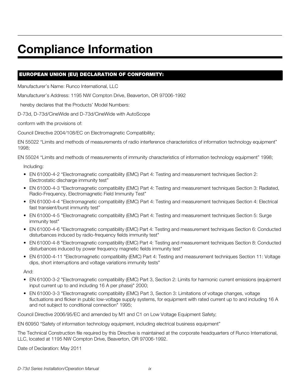 Compliance information, Pre l iminar y | Runco 3DIMENSION D-73D User Manual | Page 9 / 142
