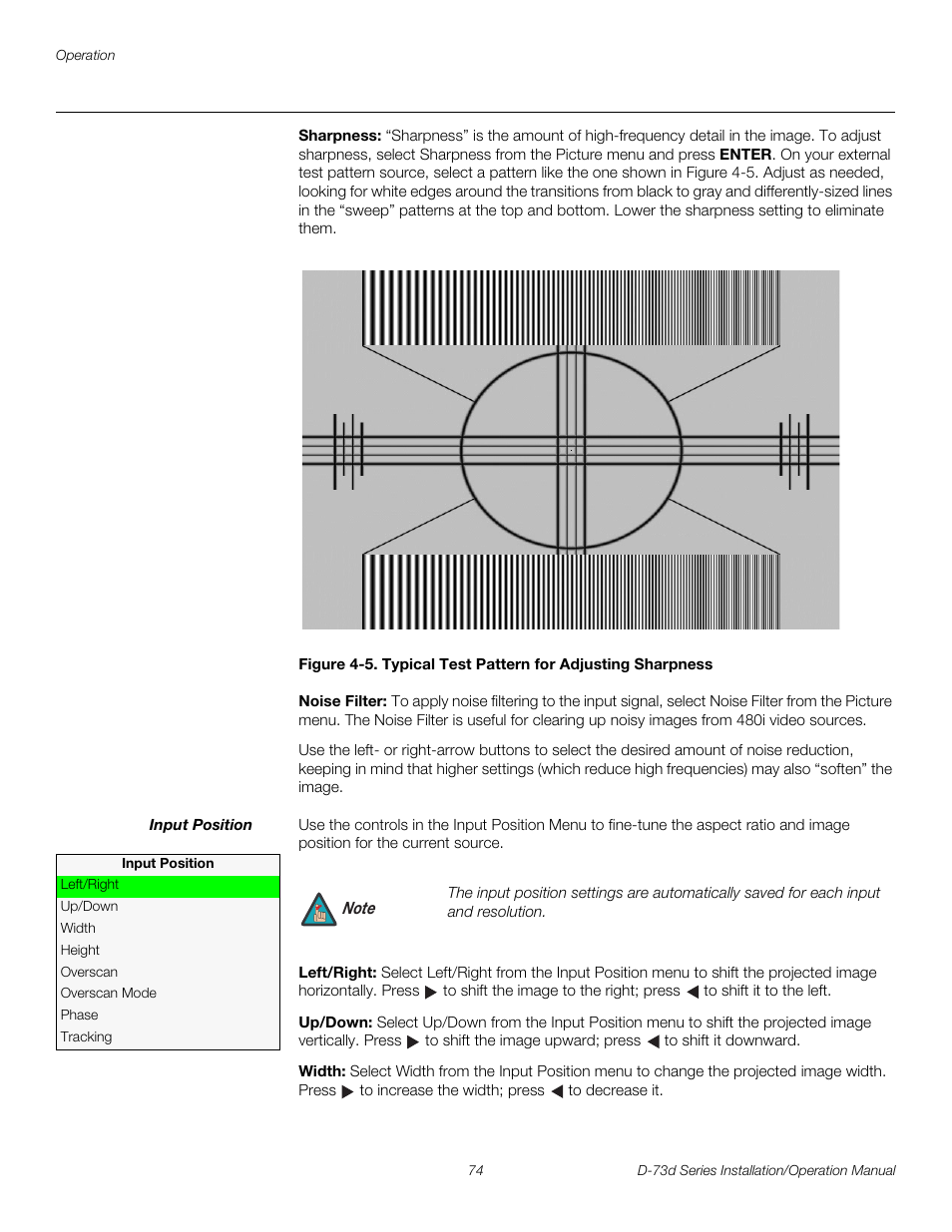 Sharpness, Noise filter, Input position | Left/right, Up/down, Width, 5. typical test pattern for adjusting sharpness, Pre l iminar y | Runco 3DIMENSION D-73D User Manual | Page 90 / 142