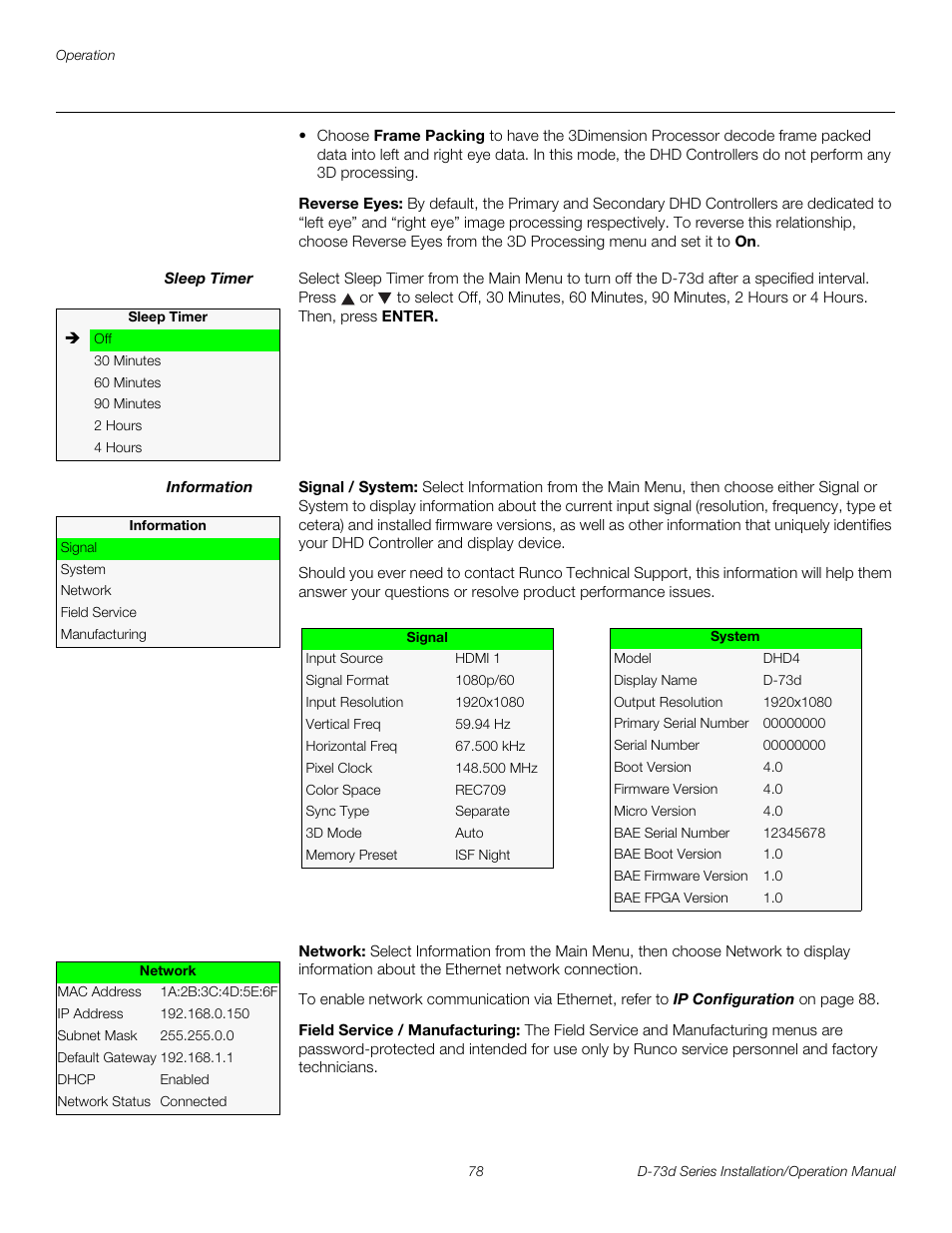 Reverse eyes, Sleep timer, Information | Signal / system, Network, Field service / manufacturing, Pre l iminar y | Runco 3DIMENSION D-73D User Manual | Page 94 / 142