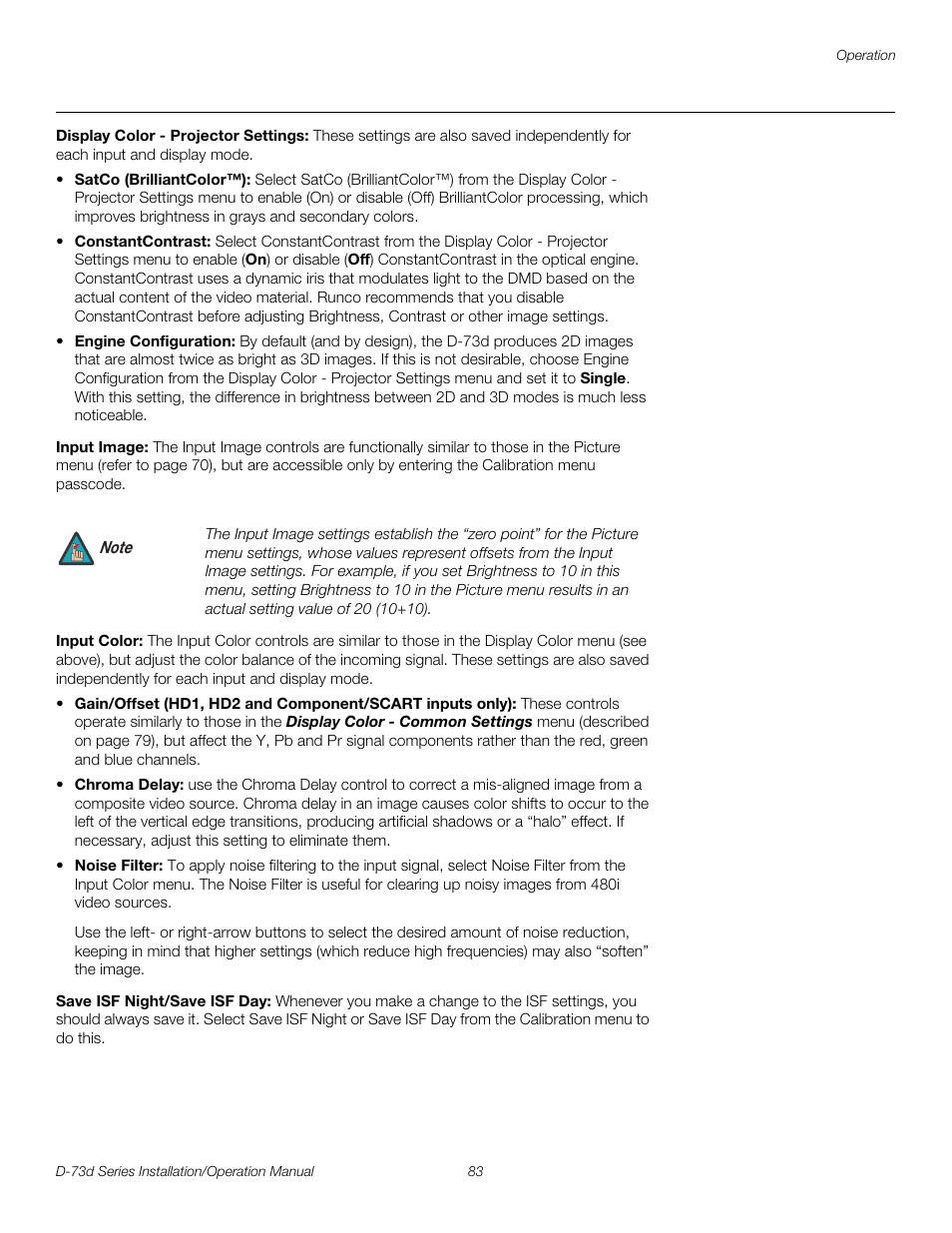 Display color - projector settings, Input image, Input color | Save isf night/save isf day, Constantcontrast, Pre l iminar y | Runco 3DIMENSION D-73D User Manual | Page 99 / 142