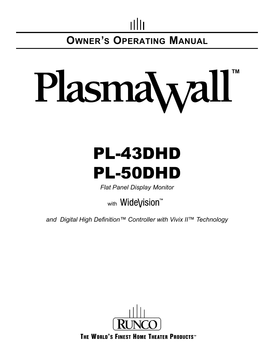 Runco PLASMAWALL PL-50DHD User Manual | 31 pages