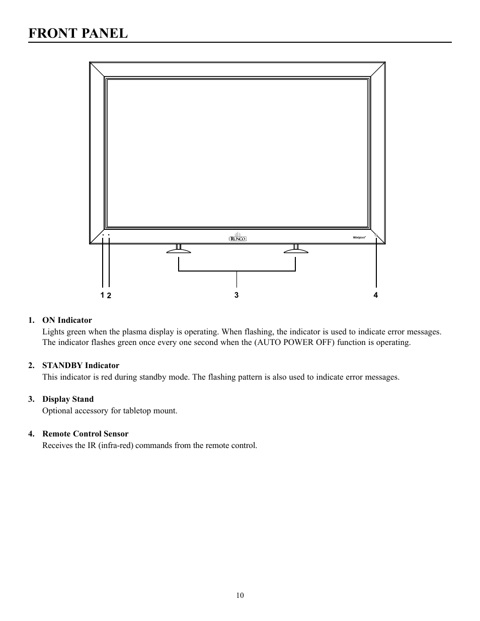 Front panel | Runco PLASMAWALL PL-50DHD User Manual | Page 11 / 31