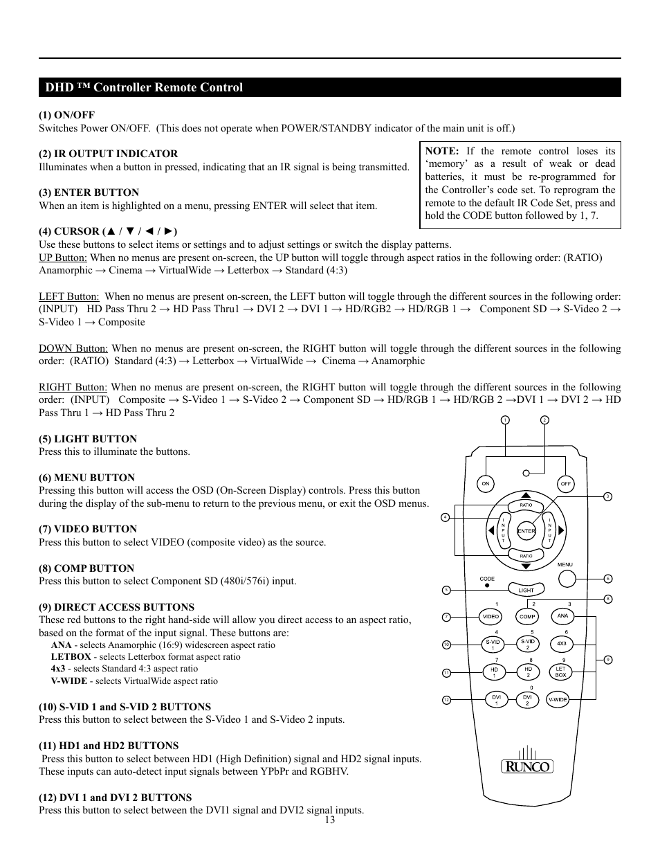 Dhd ™ controller remote control | Runco PLASMAWALL PL-50DHD User Manual | Page 14 / 31