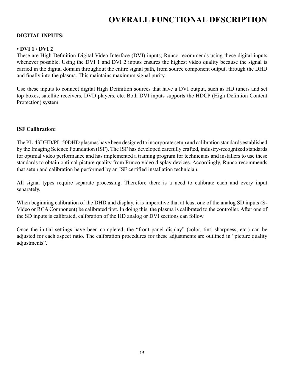 Overall functional description | Runco PLASMAWALL PL-50DHD User Manual | Page 16 / 31