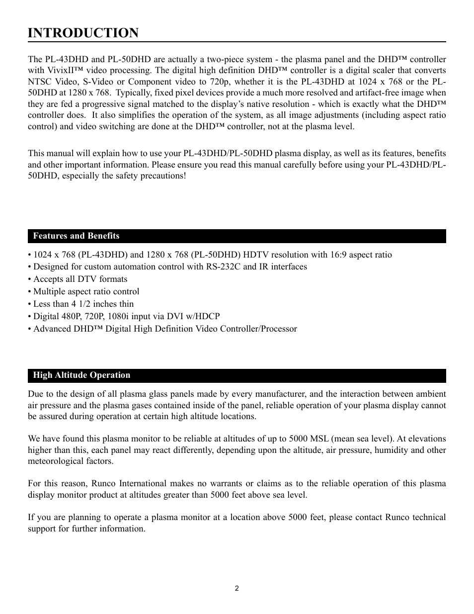 Introduction | Runco PLASMAWALL PL-50DHD User Manual | Page 3 / 31