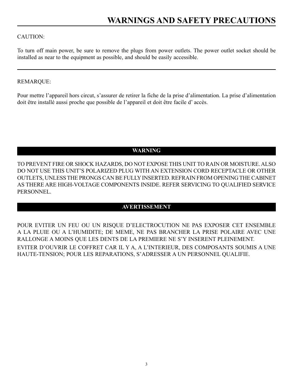 Warnings and safety precautions | Runco PLASMAWALL PL-50DHD User Manual | Page 4 / 31