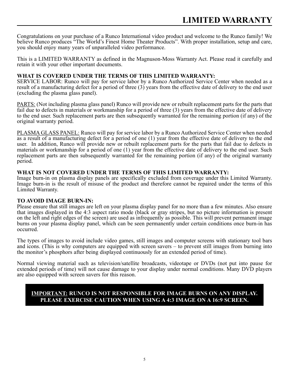 Limited warranty | Runco PLASMAWALL PL-50DHD User Manual | Page 6 / 31