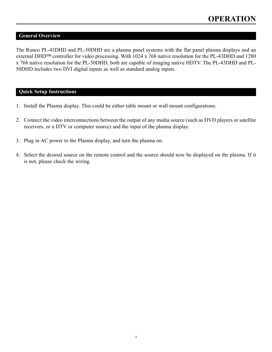 Operation | Runco PLASMAWALL PL-50DHD User Manual | Page 8 / 31