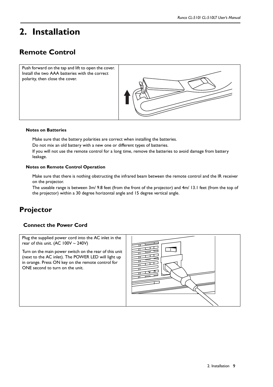 Installation, Remote control, Projector | Connect the power cord, Remote control projector | Runco REFLECTION CL-510 User Manual | Page 12 / 36