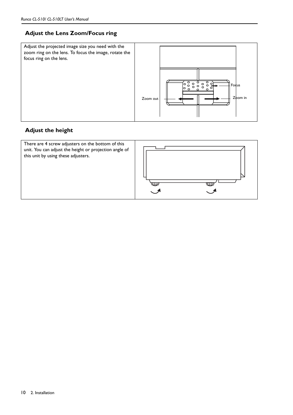 Adjust the lens zoom/focus ring, Adjust the height, Adjust the lens zoom/focus ring adjust the height | Runco REFLECTION CL-510 User Manual | Page 13 / 36