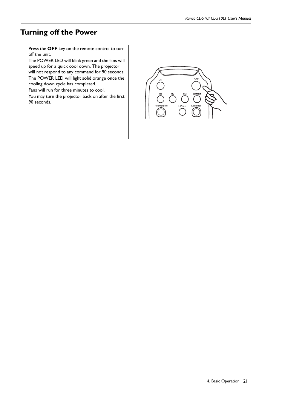 Turning off the power | Runco REFLECTION CL-510 User Manual | Page 24 / 36