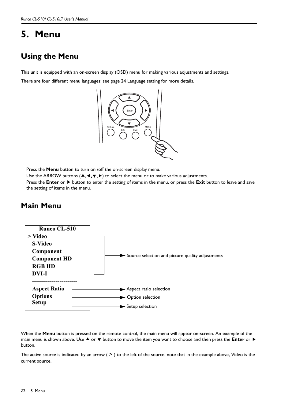 Menu, Using the menu, Main menu | Using the menu main menu | Runco REFLECTION CL-510 User Manual | Page 25 / 36