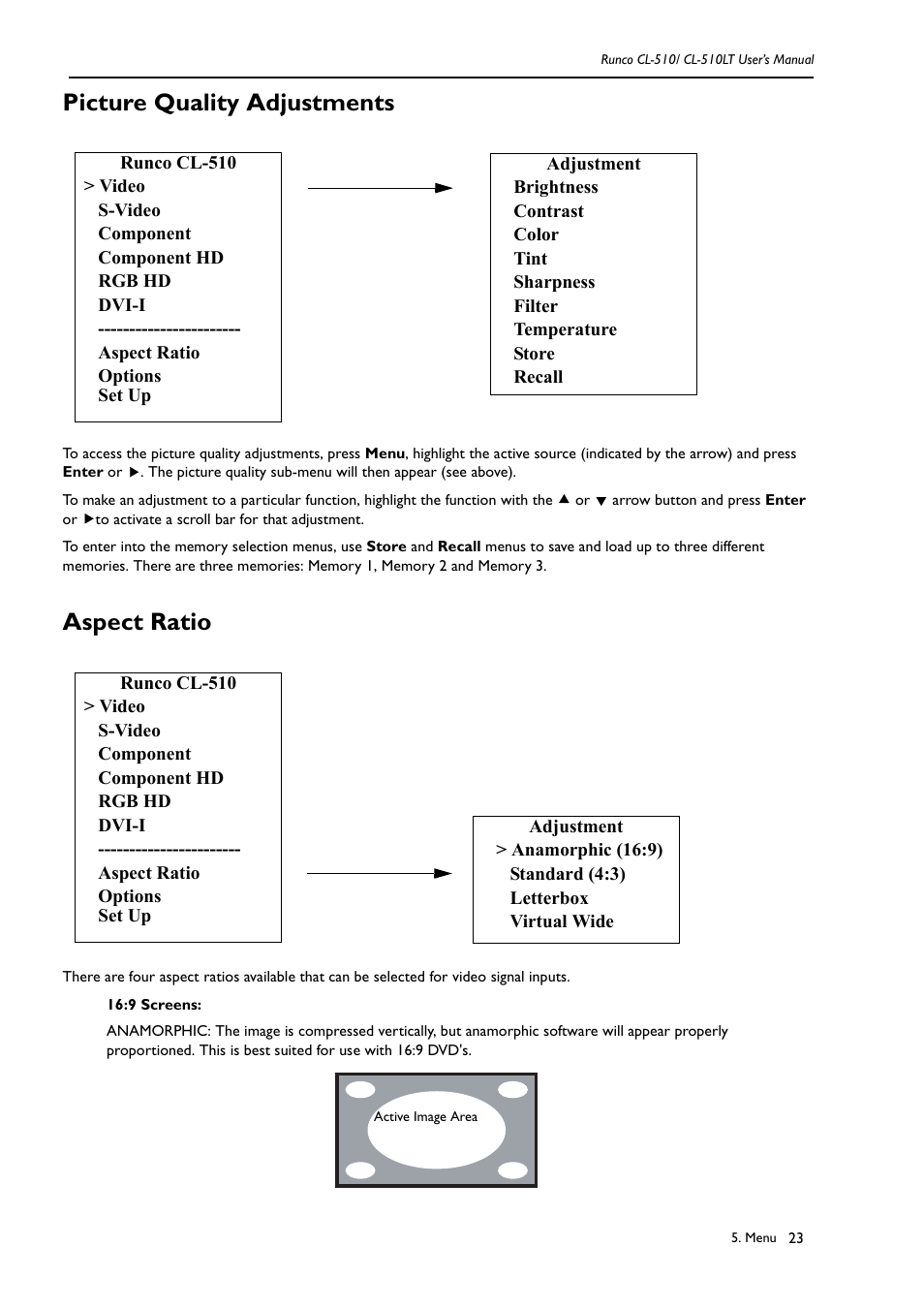 Picture quality adjustments, Aspect ratio, Picture quality adjustments aspect ratio | Runco REFLECTION CL-510 User Manual | Page 26 / 36