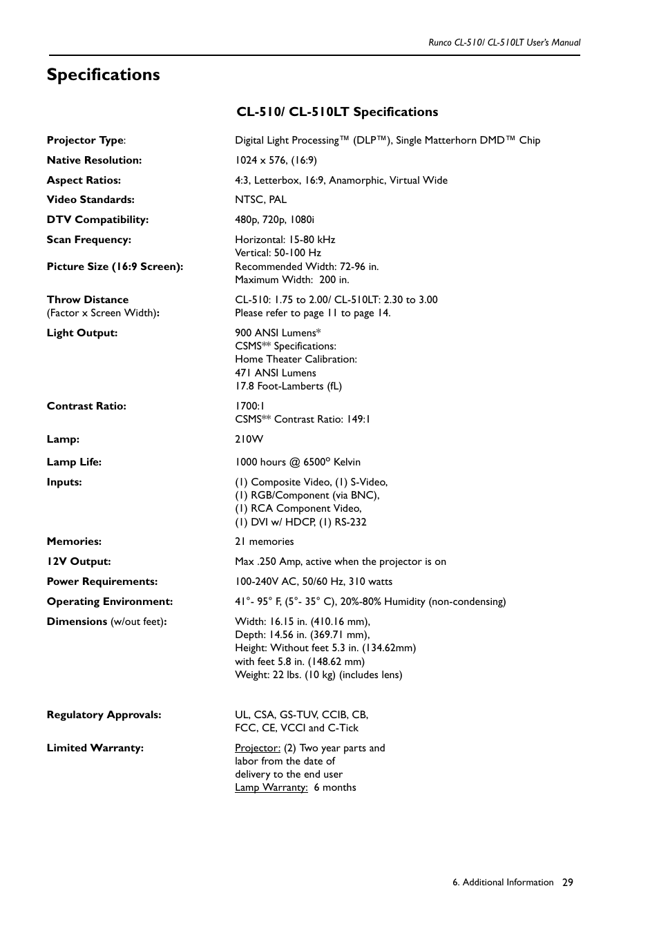 Specifications | Runco REFLECTION CL-510 User Manual | Page 32 / 36