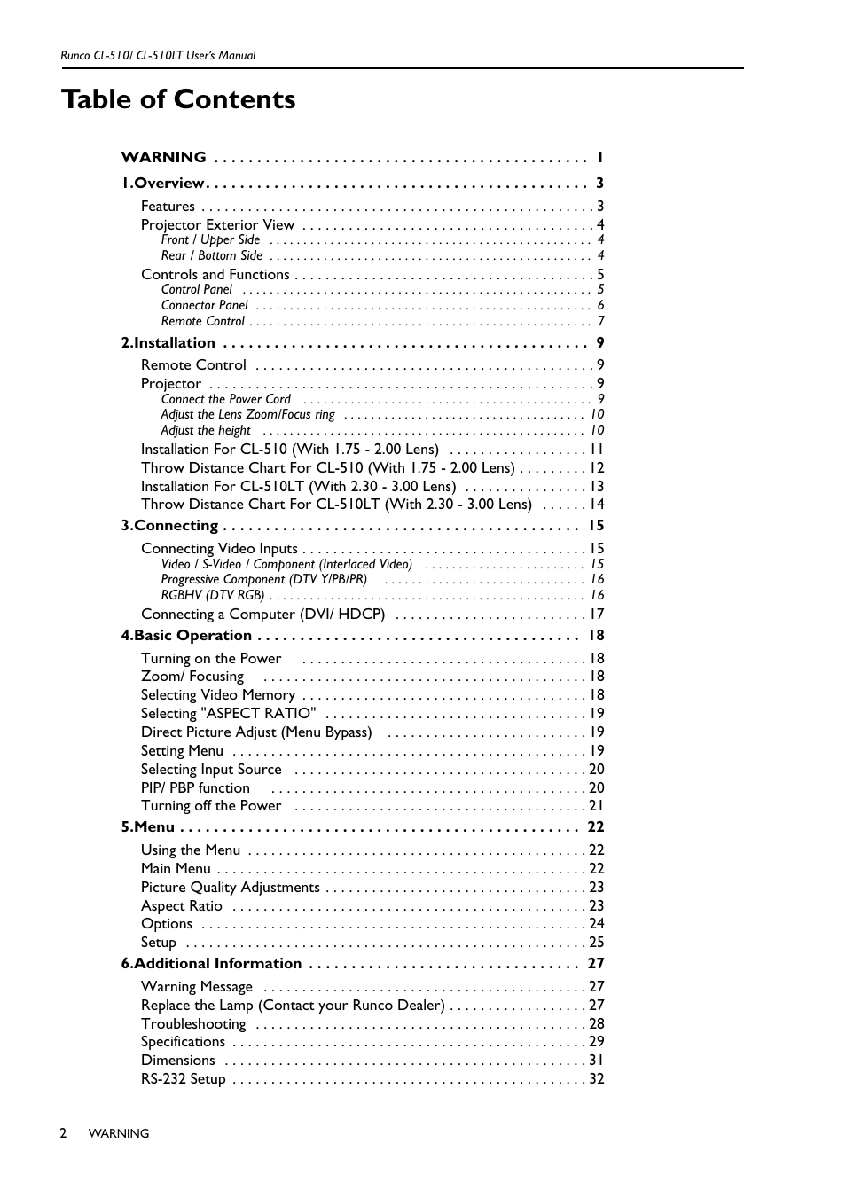 Runco REFLECTION CL-510 User Manual | Page 5 / 36