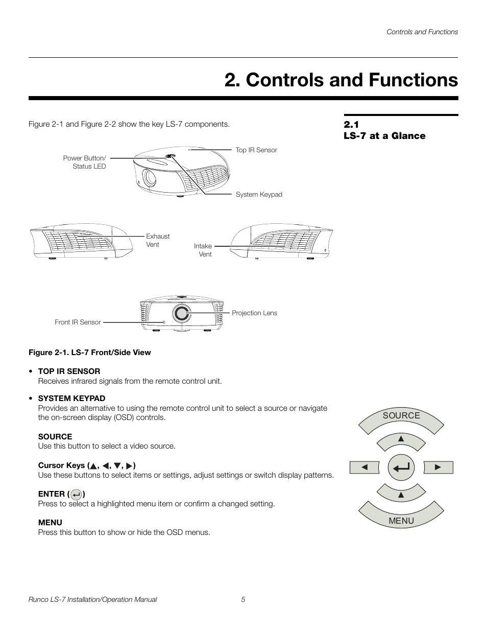 Controls and functions, 1 ls-7 at a glance, Figure 2-1 . ls-7 front/side view | Iminar, Ls-7 at a glance, 1. ls-7 front/side view, Pre l iminar y | Runco LIGHTSTYLE LS-7 User Manual | Page 21 / 100