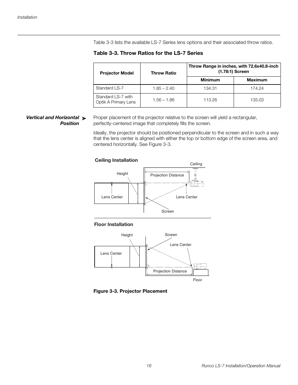 Table 3-3 . throw ratios for the ls-7 series, Vertical and horizontal position, Figure 3-3 . projector placement | 3. projector placement, Pre l iminar y | Runco LIGHTSTYLE LS-7 User Manual | Page 32 / 100