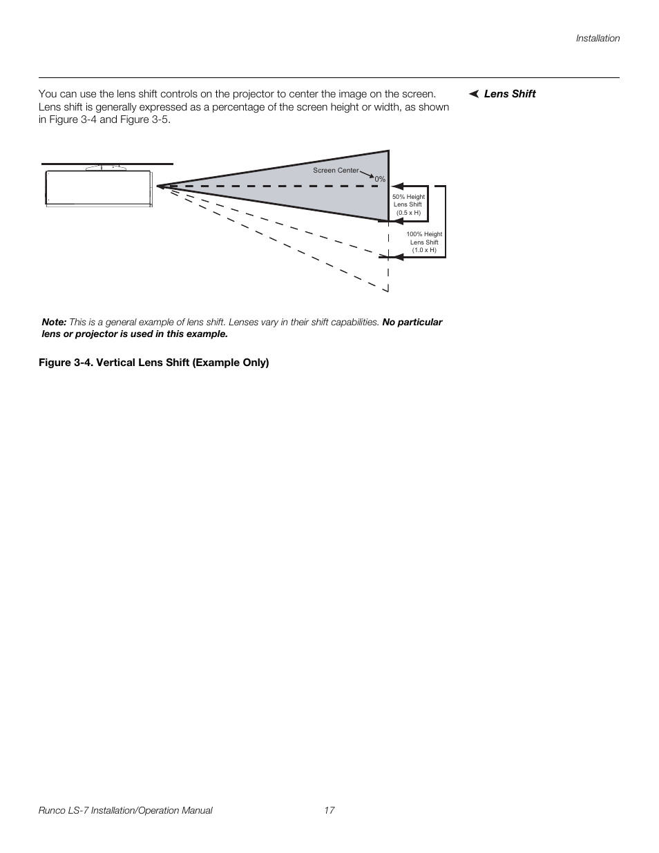 Lens shift, Figure 3-4 . vertical lens shift (example only), 4. vertical lens shift (example only) | Pre l iminar y | Runco LIGHTSTYLE LS-7 User Manual | Page 33 / 100
