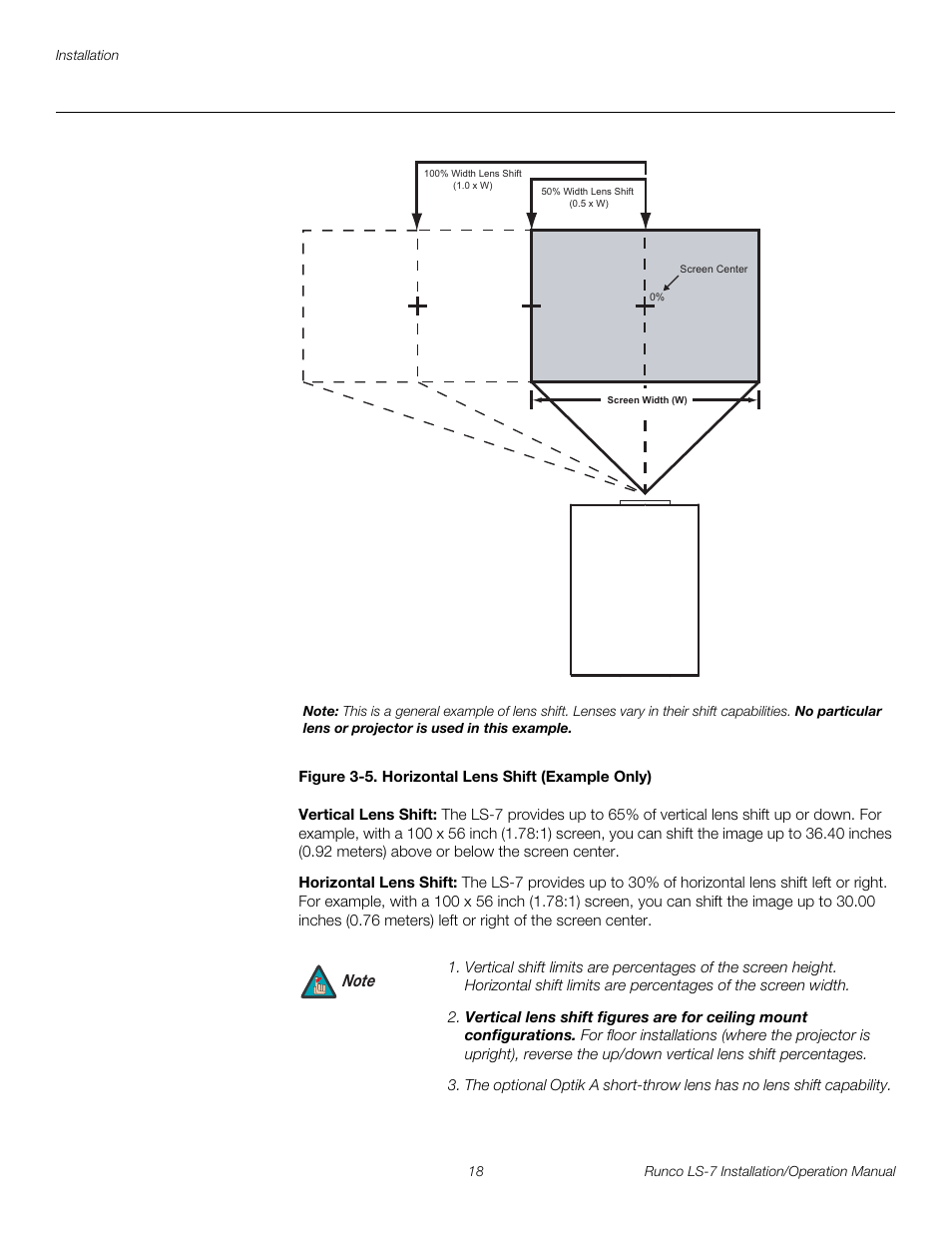 Figure 3-5 . horizontal lens shift (example only), Vertical lens shift, Horizontal lens shift | 5. horizontal lens shift (example only), Pre l iminar y | Runco LIGHTSTYLE LS-7 User Manual | Page 34 / 100