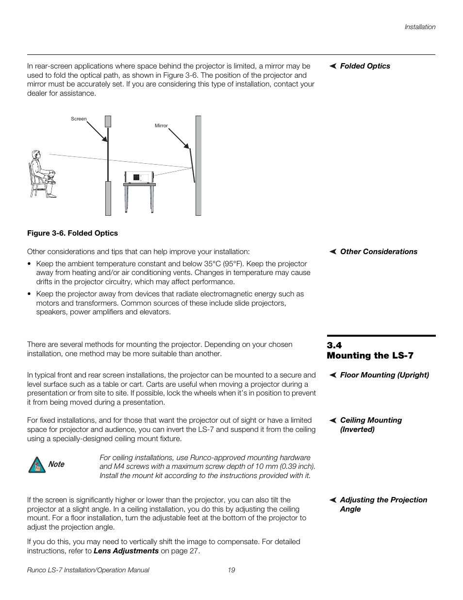Folded optics, Figure 3-6 . folded optics, Other considerations | 4 mounting the ls-7, Floor mounting (upright), Ceiling mounting (inverted), Adjusting the projection angle, Mounting the ls-7, 6. folded optics, Pre l iminar y | Runco LIGHTSTYLE LS-7 User Manual | Page 35 / 100