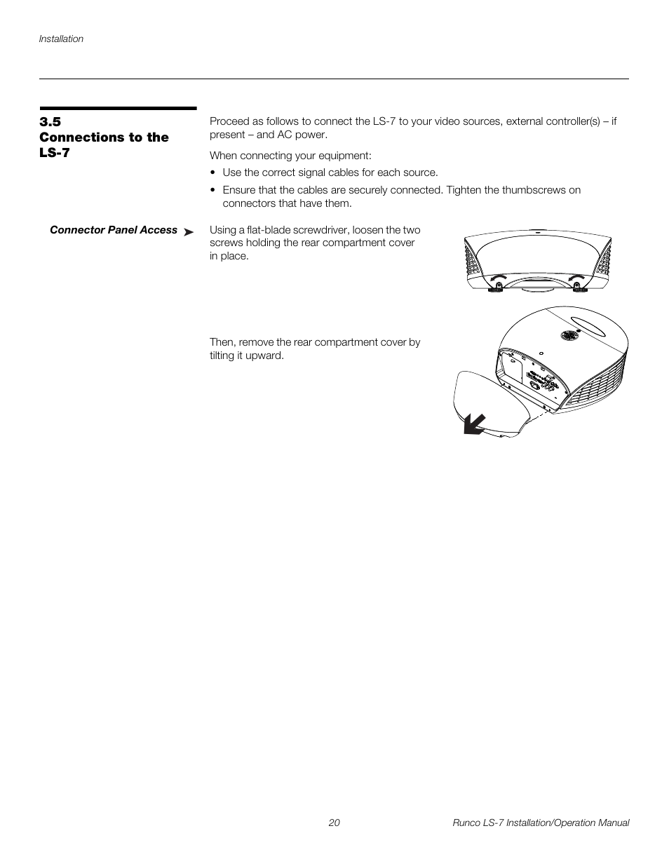 5 connections to the ls-7, Connector panel access, Connections to the ls-7 | Pre l iminar y | Runco LIGHTSTYLE LS-7 User Manual | Page 36 / 100