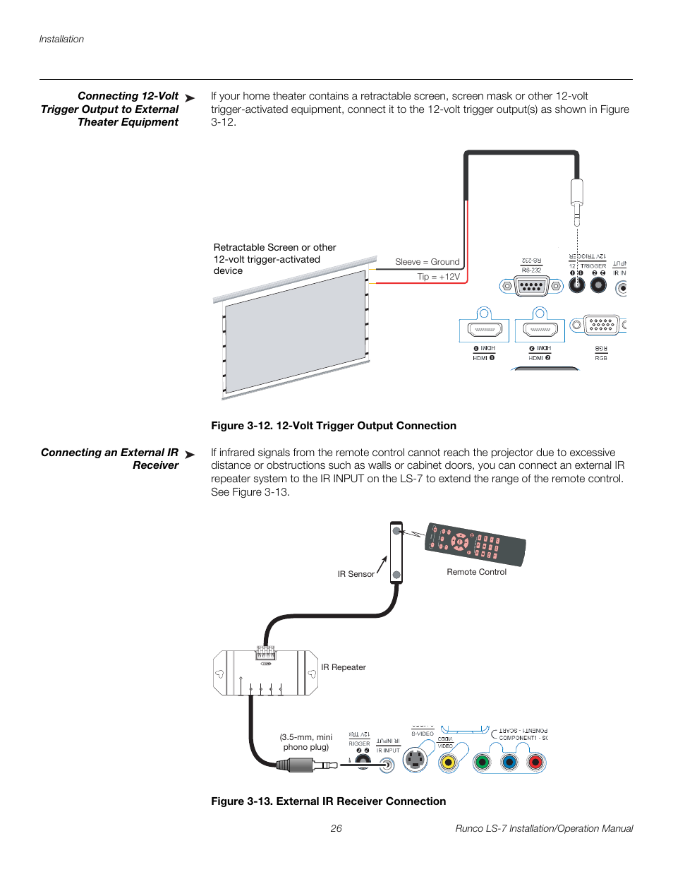 Figure 3-12 . 12-volt trigger output connection, Connecting an external ir receiver, Figure 3-13 . external ir receiver connection | 12. 12-volt trigger output connection, 13. external ir receiver connection, Pre l iminar y | Runco LIGHTSTYLE LS-7 User Manual | Page 42 / 100
