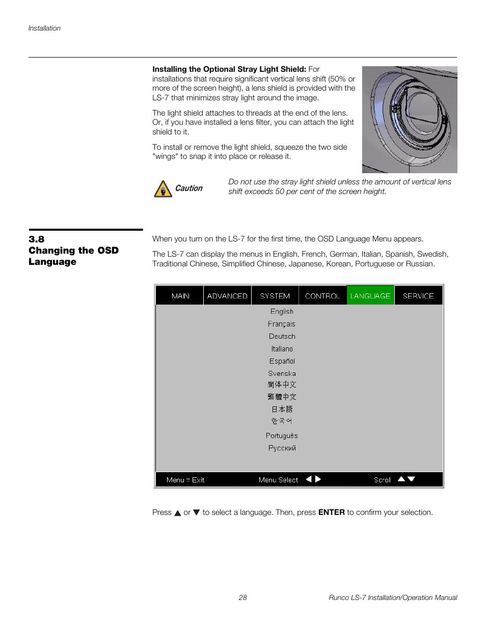 Installing the optional stray light shield, 8 changing the osd language, Changing the osd language | Pre l iminar y | Runco LIGHTSTYLE LS-7 User Manual | Page 44 / 100