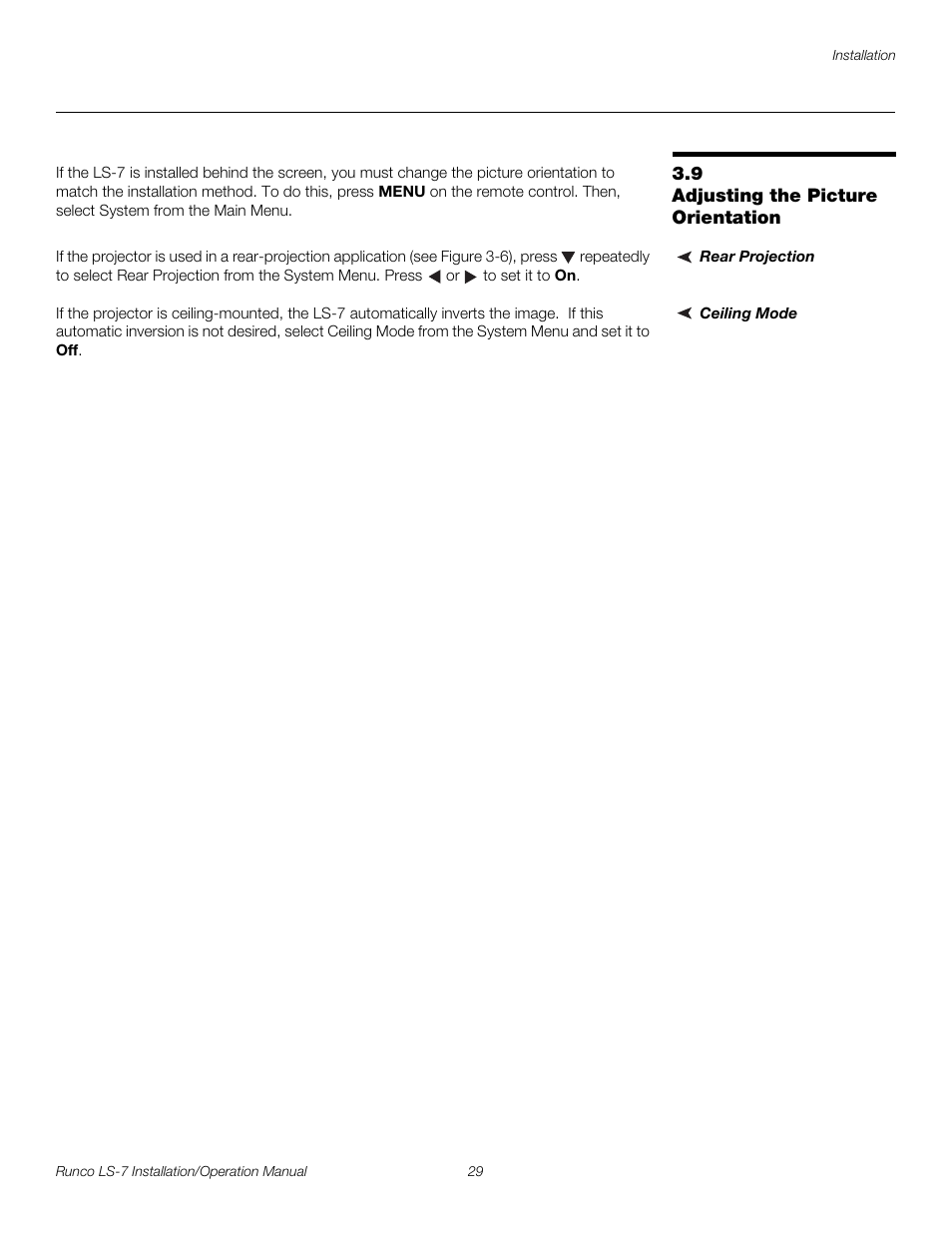 9 adjusting the picture orientation, Rear projection, Ceiling mode | Iminar, Adjusting the picture orientation, Pre l iminar y | Runco LIGHTSTYLE LS-7 User Manual | Page 45 / 100