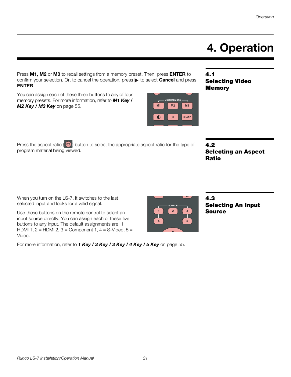 Operation, 1 selecting video memory, 2 selecting an aspect ratio | 3 selecting an input source, Selecting video memory, Selecting an aspect ratio, Selecting an input source, Pre l iminar y | Runco LIGHTSTYLE LS-7 User Manual | Page 47 / 100