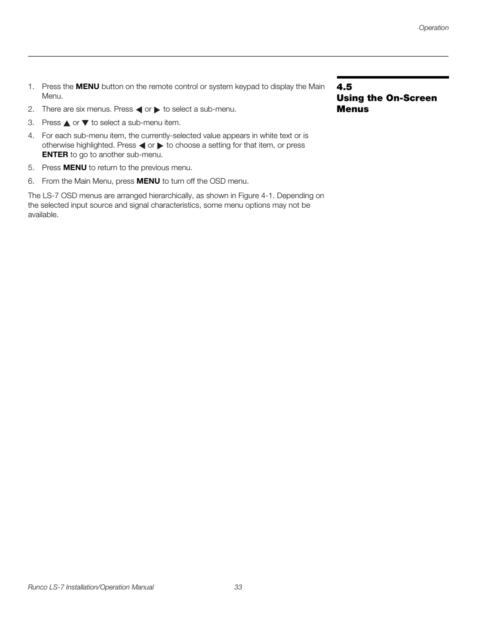 5 using the on-screen menus, Using the on-screen menus, Pre l iminar y | Runco LIGHTSTYLE LS-7 User Manual | Page 49 / 100