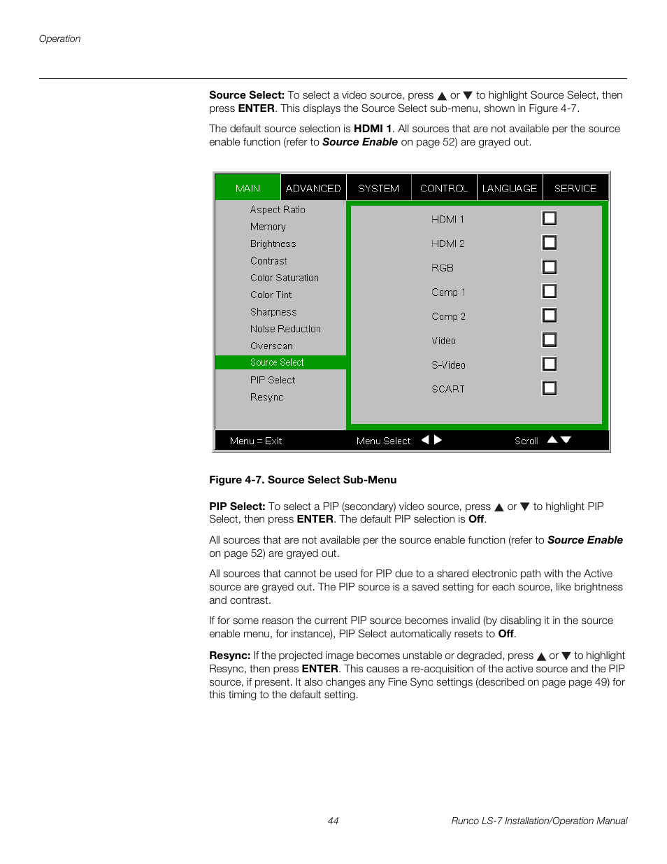 Source select, Figure 4-7 . source select sub-menu, Pip select | Resync, 7. source select sub-menu, Pre l iminar y | Runco LIGHTSTYLE LS-7 User Manual | Page 60 / 100