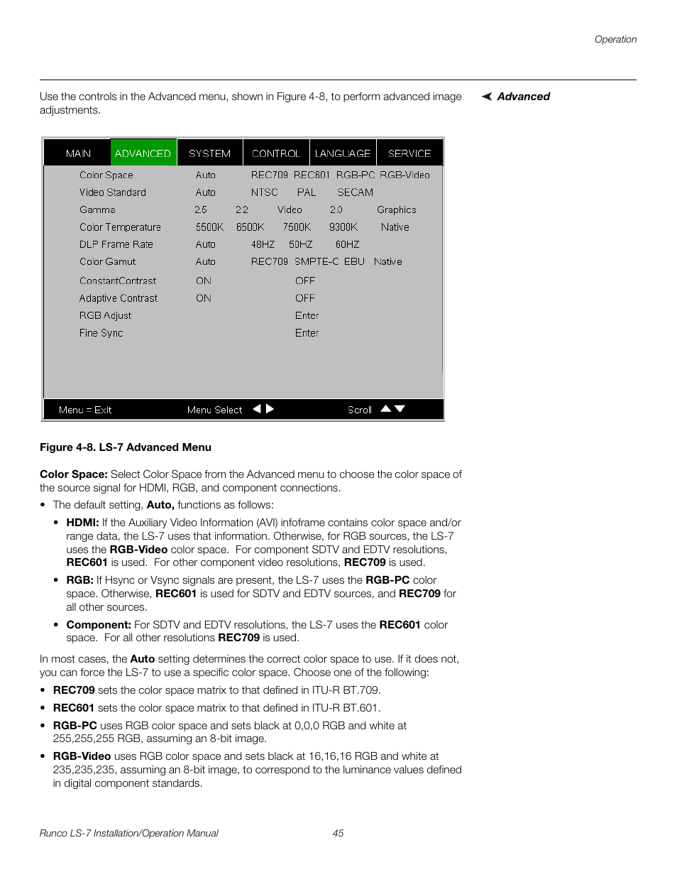 Advanced, Figure 4-8 . ls-7 advanced menu, Color space | 8. ls-7 advanced menu, Pre l iminar y | Runco LIGHTSTYLE LS-7 User Manual | Page 61 / 100