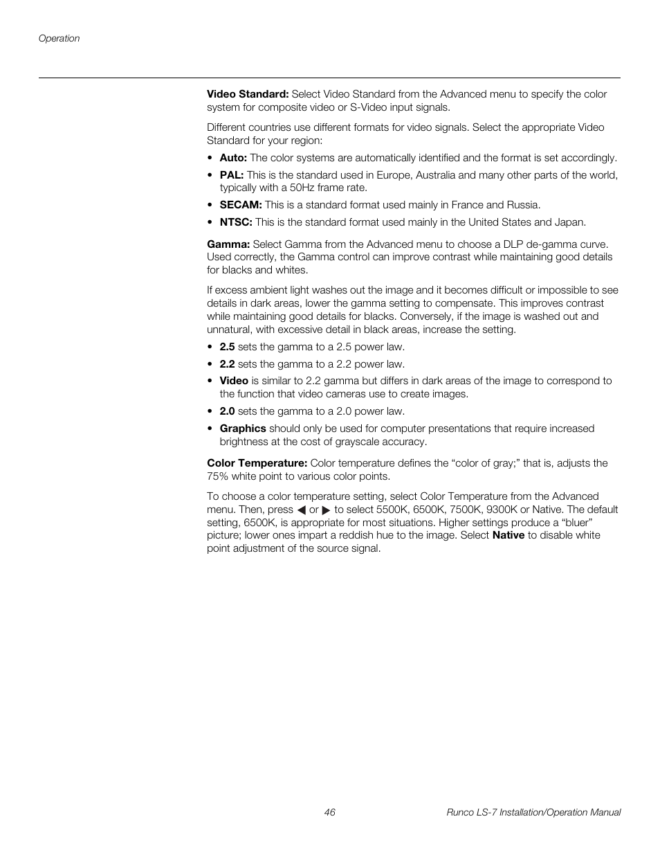Video standard, Gamma, Color temperature | Pre l iminar y | Runco LIGHTSTYLE LS-7 User Manual | Page 62 / 100