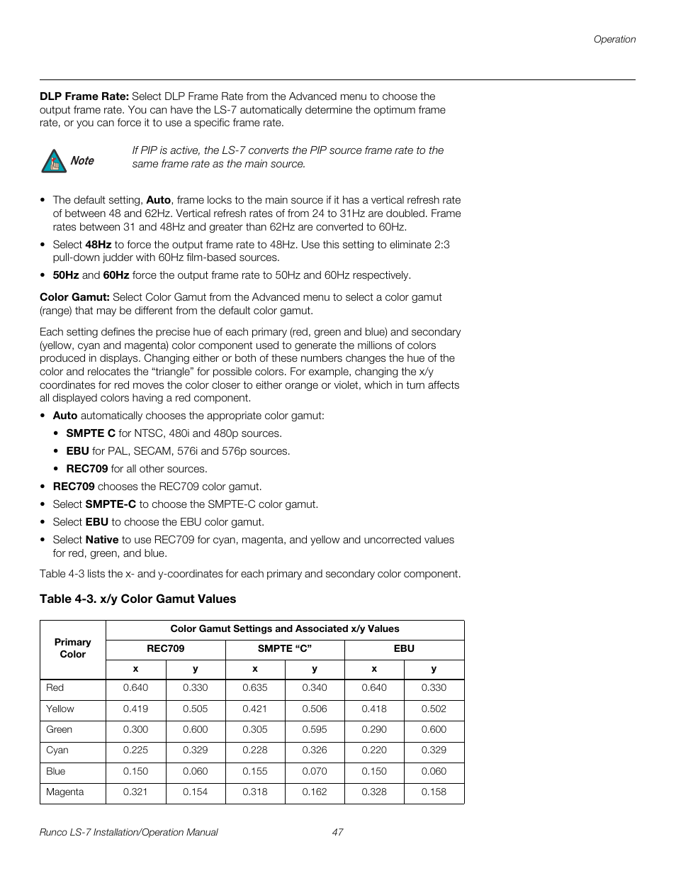 Dlp frame rate, Color gamut, Table 4-3 . x/y color gamut values | Pre l iminar y | Runco LIGHTSTYLE LS-7 User Manual | Page 63 / 100