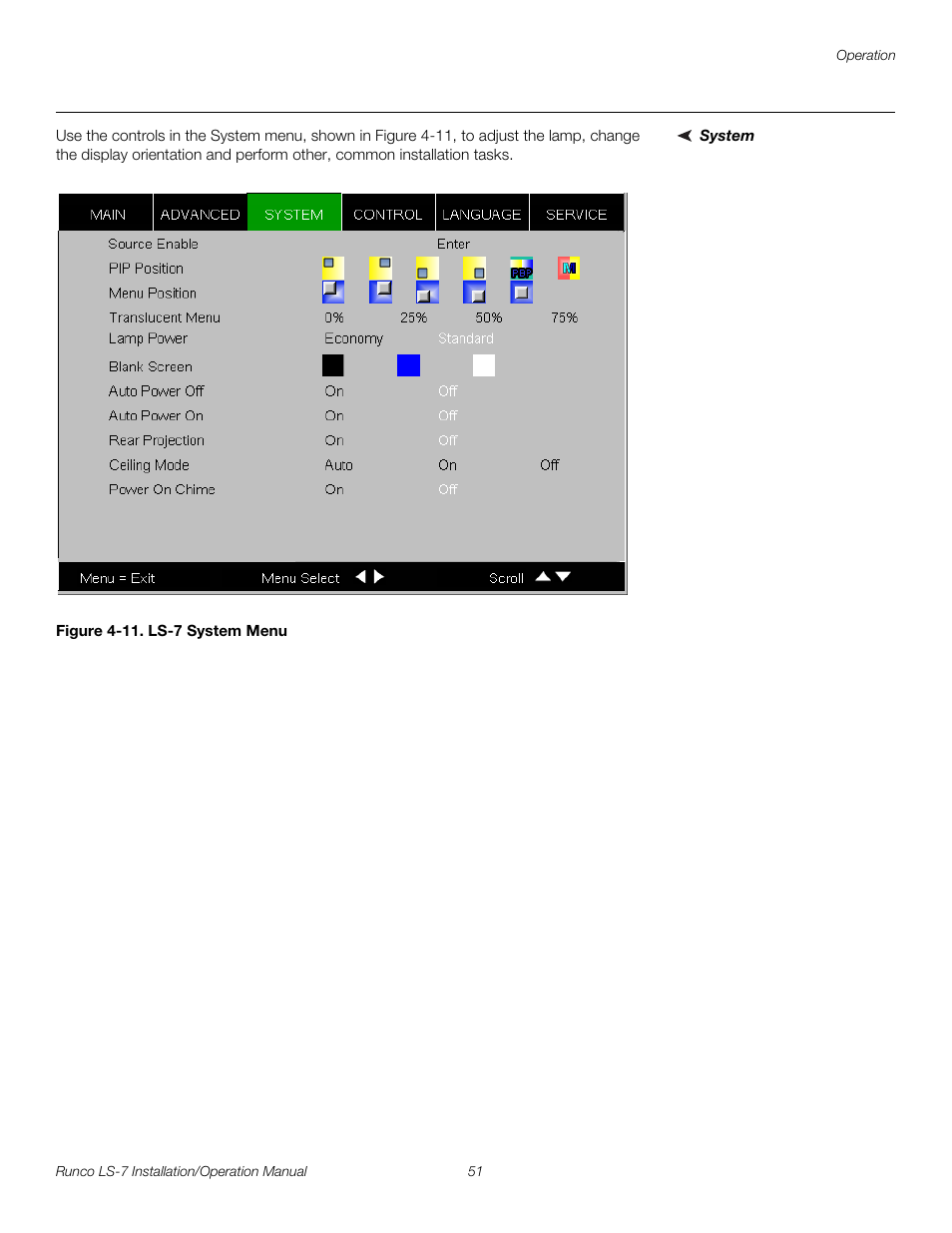 System, Figure 4-11 . ls-7 system menu, 11. ls-7 system menu | System fro, Pre l iminar y | Runco LIGHTSTYLE LS-7 User Manual | Page 67 / 100