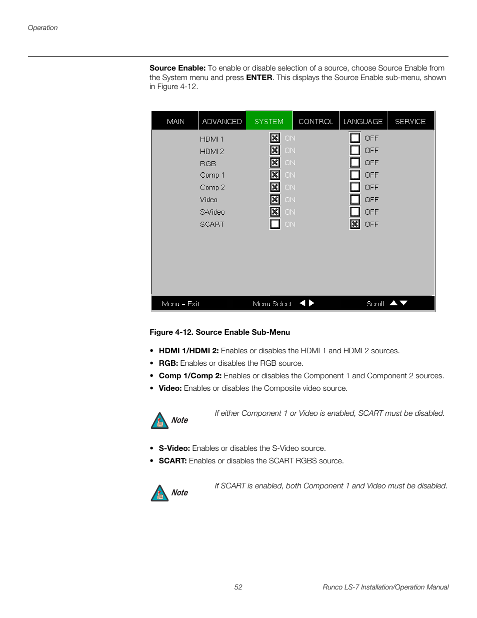 Source enable, Figure 4-12 . source enable sub-menu, 12. source enable sub-menu | Er to, Pre l iminar y | Runco LIGHTSTYLE LS-7 User Manual | Page 68 / 100