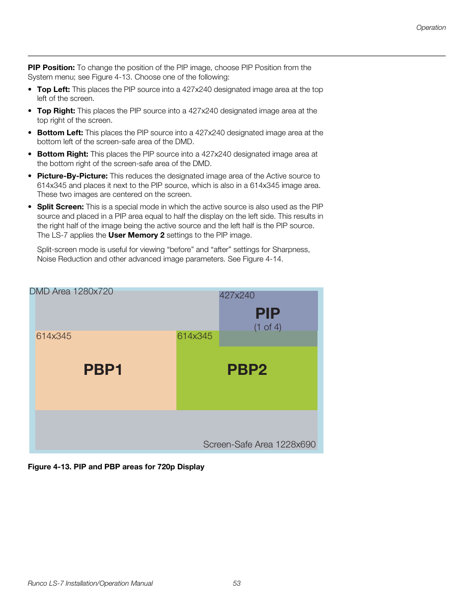 Pip position, Figure 4-13 . pip and pbp areas for 720p display, 13. pip and pbp areas for 720p display | Pre l iminar y, Pbp2 pbp1 | Runco LIGHTSTYLE LS-7 User Manual | Page 69 / 100