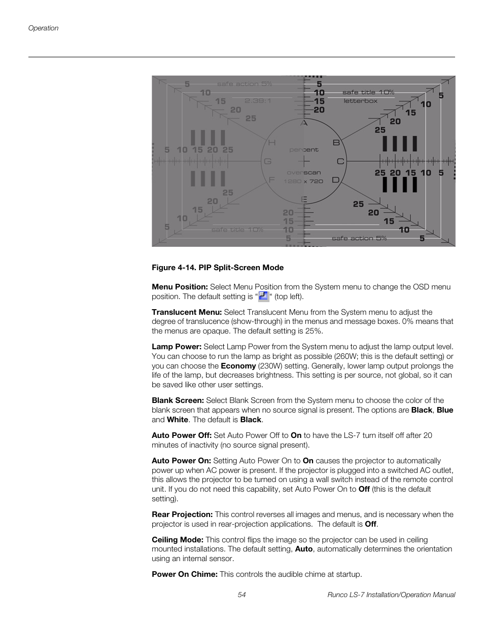 Figure 4-14 . pip split-screen mode, Menu position, Translucent menu | Lamp power, Blank screen, Auto power off, Auto power on, Rear projection, Ceiling mode, Power on chime | Runco LIGHTSTYLE LS-7 User Manual | Page 70 / 100