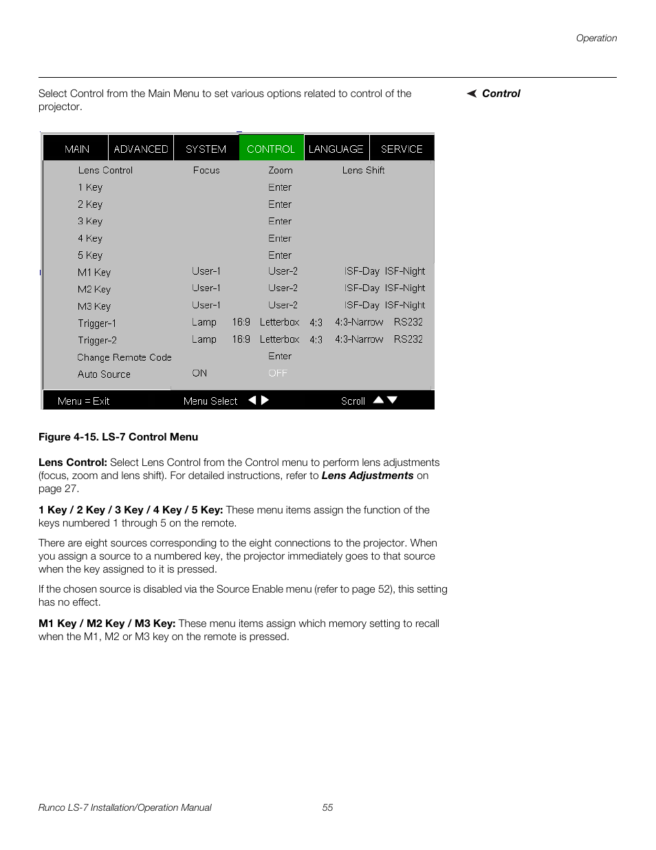 Control, Figure 4-15 . ls-7 control menu, Lens control | 1 key / 2 key / 3 key / 4 key / 5 key, M1 key / m2 key / m3 key, 15. ls-7 control menu, Control fr, Lens control. pr, Ht lens control. press, Pre l iminar y | Runco LIGHTSTYLE LS-7 User Manual | Page 71 / 100