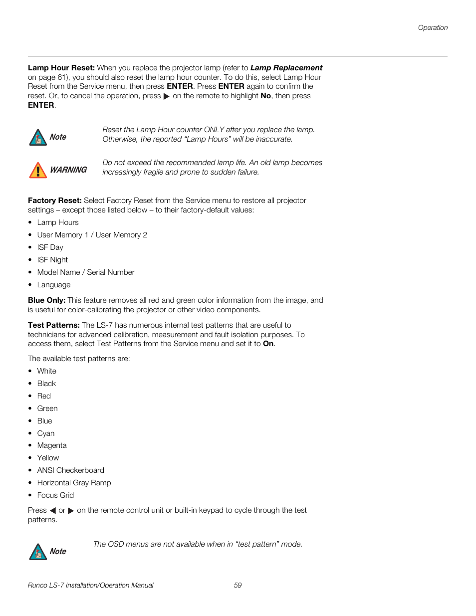 Lamp hour reset, Factory reset, Blue only | Test patterns, Pre l iminar y | Runco LIGHTSTYLE LS-7 User Manual | Page 75 / 100