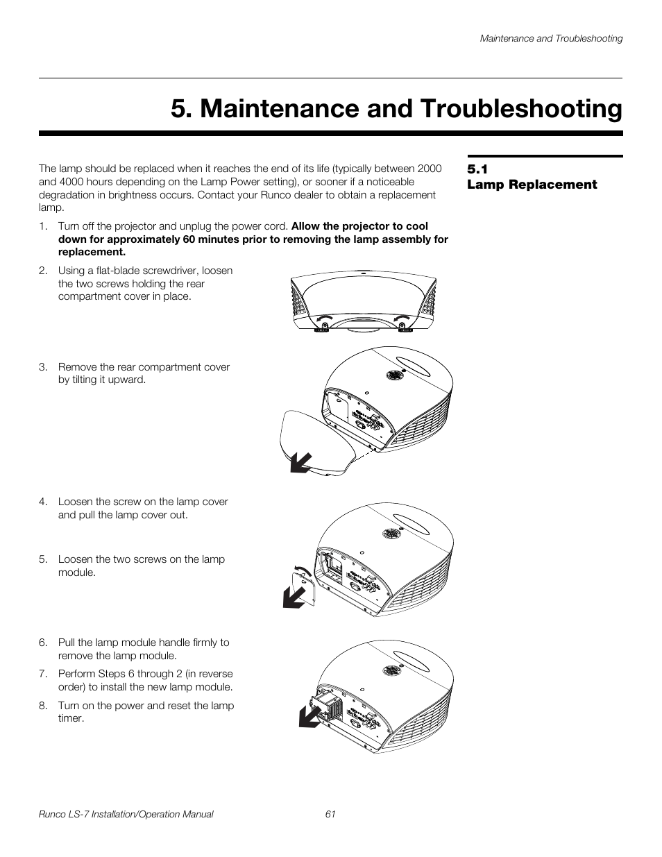 Maintenance and troubleshooting, 1 lamp replacement, Lamp replacement | Pre l iminar y | Runco LIGHTSTYLE LS-7 User Manual | Page 77 / 100