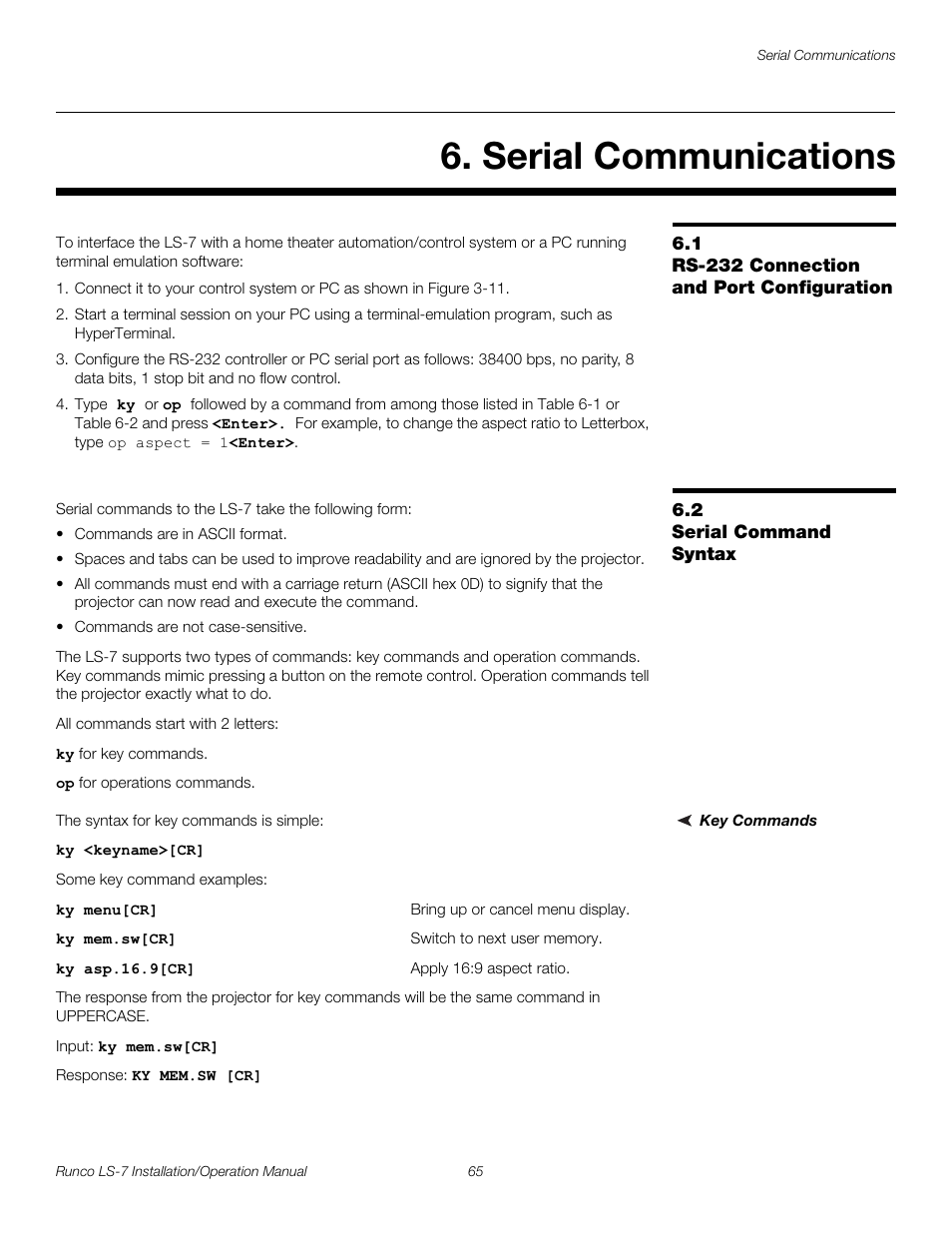 Serial communications, 1 rs-232 connection and port configuration, 2 serial command syntax | Key commands, Rs-232 connection and port configuration, Serial command syntax, Pre l iminar y | Runco LIGHTSTYLE LS-7 User Manual | Page 81 / 100