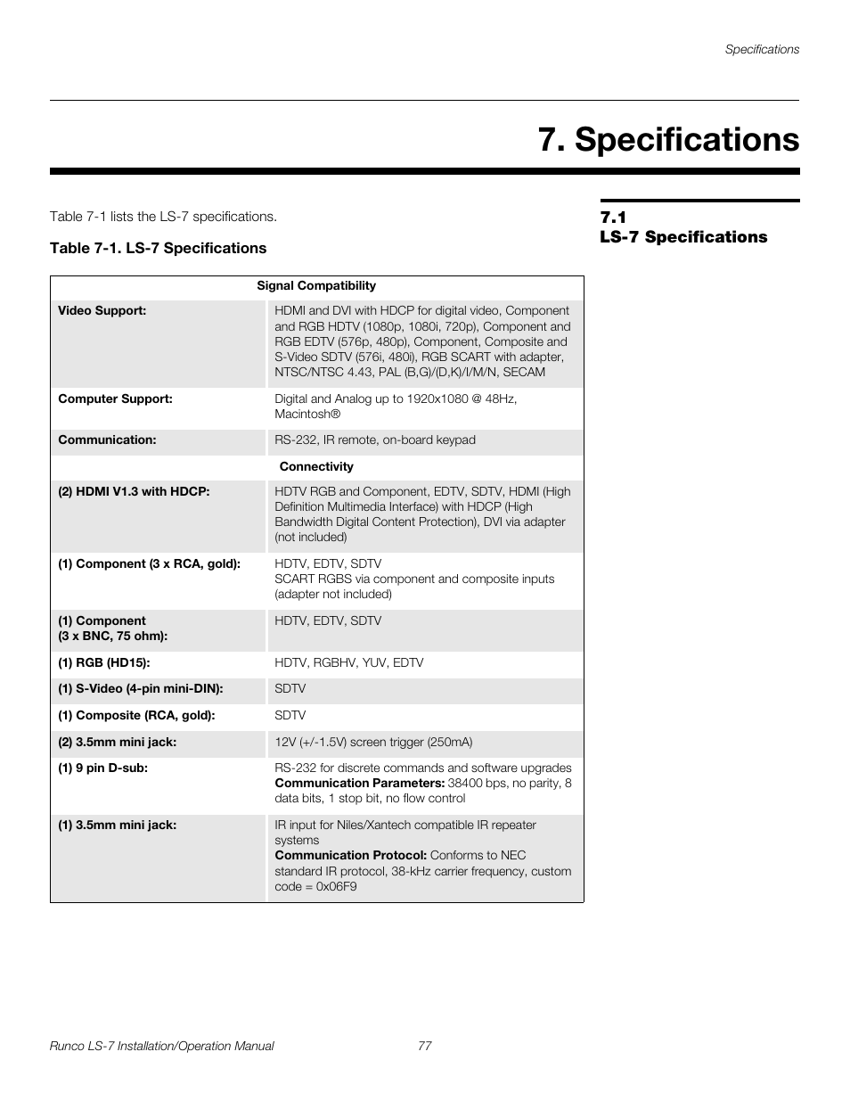 Specifications, 1 ls-7 specifications, Table 7-1 . ls-7 specifications | Ls-7 specifications, Pre l iminar y | Runco LIGHTSTYLE LS-7 User Manual | Page 93 / 100
