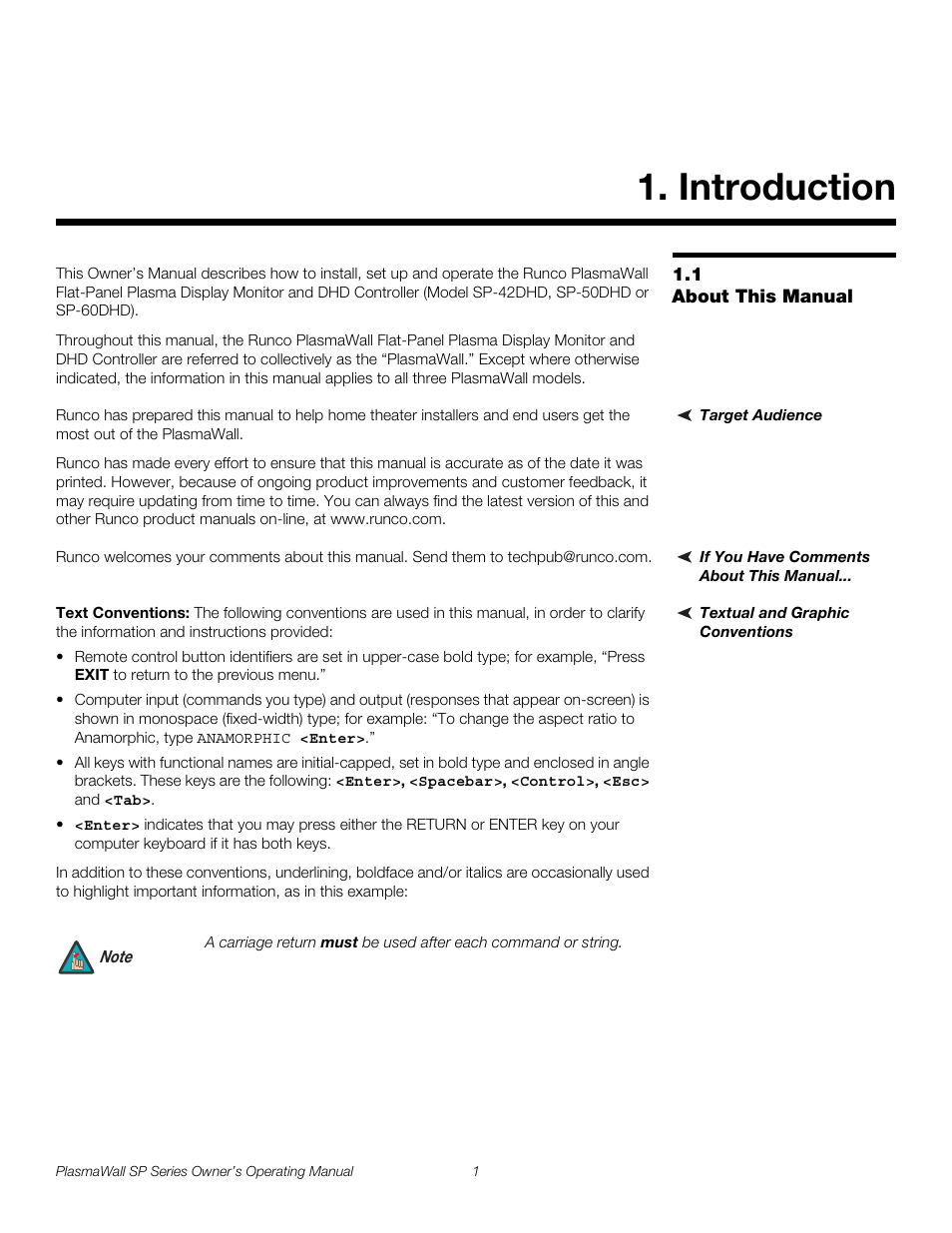 Introduction, 1 about this manual, Target audience | If you have comments about this manual, Textual and graphic conventions, Text conventions, About this manual, Pre l iminar y | Runco SP-60DHD User Manual | Page 11 / 82