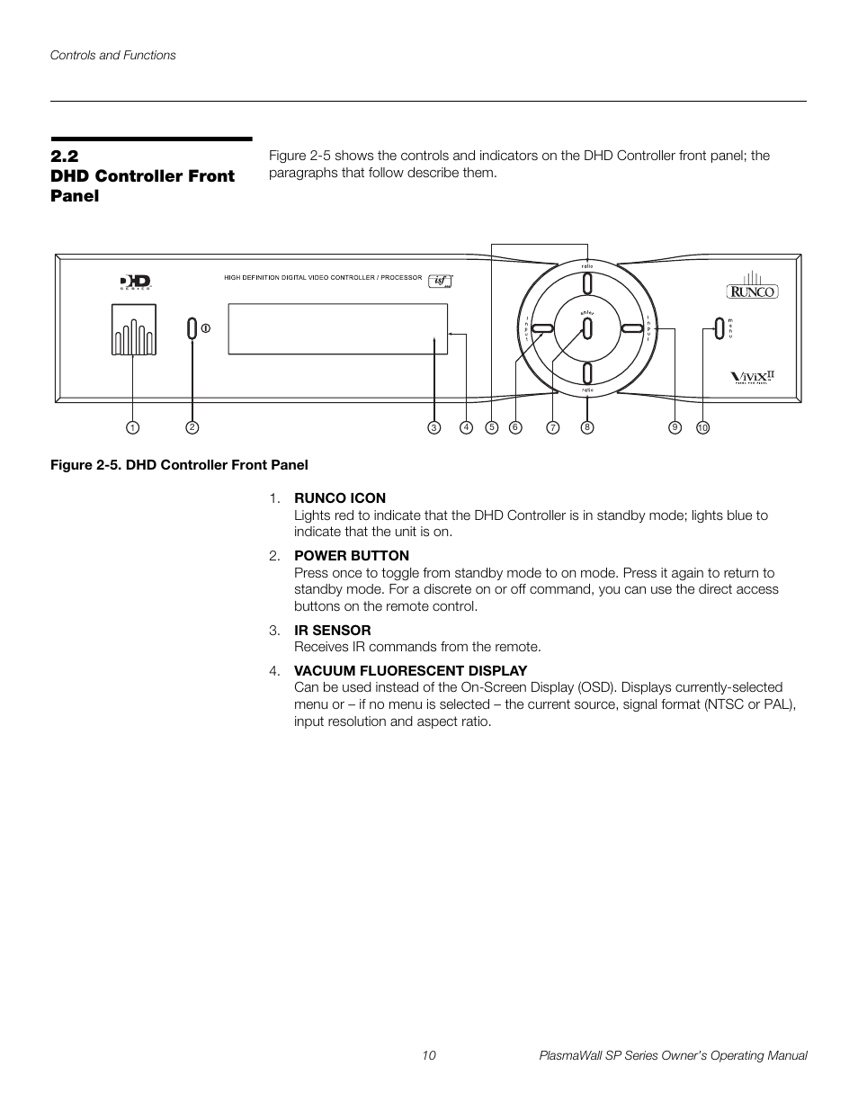 2 dhd controller front panel, Figure 2-5 . dhd controller front panel, Dhd controller front panel | 5. dhd controller front panel, Pre l iminar y | Runco SP-60DHD User Manual | Page 20 / 82