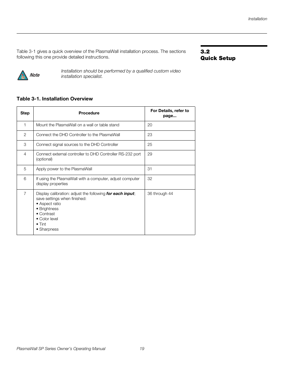 2 quick setup, Table 3-1 . installation overview, Quick setup | Pre l iminar y | Runco SP-60DHD User Manual | Page 29 / 82